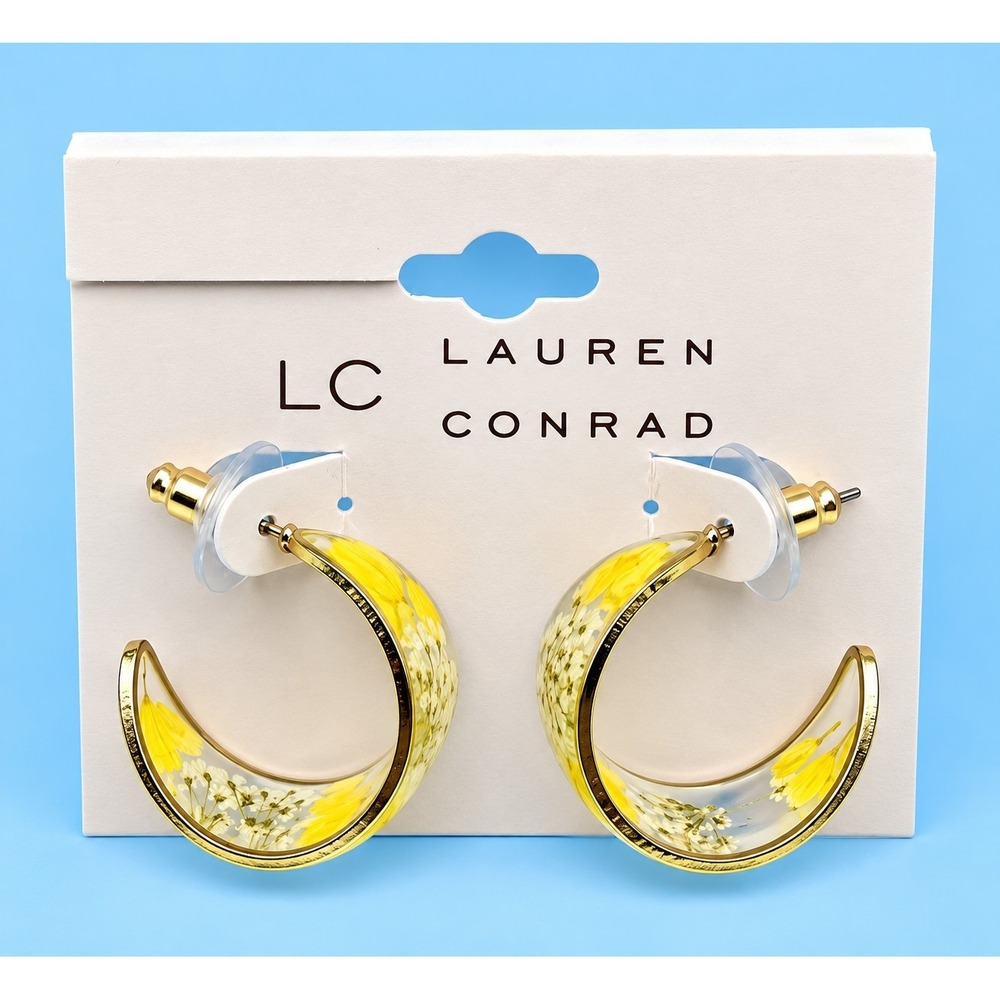 LC Lauren Conrad Floral Hoop Earrings Gold Tone Clear Yellow Flower NWT -2892